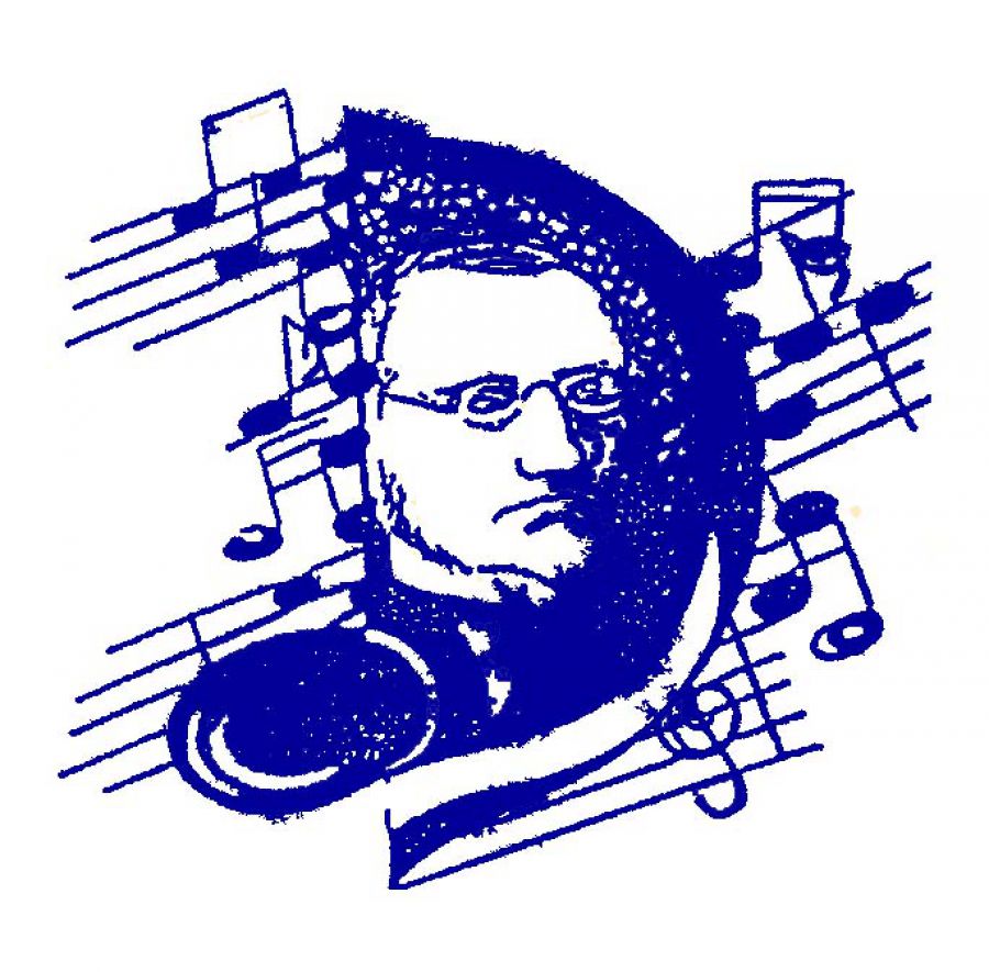 Niebieskie logo - Stanisław Moniuszko ma tle nut.