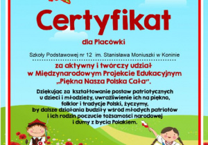 certyfikat za aktywny udział w projekcie „Piękna nasza Polska cała”