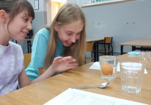 Uczennice obserwują zachowanie jajka w roztworze o większej gęstości. Na stole stoi szklanka wypełniona wodą z cukrem. W szklance z roztworem pływa jajko.