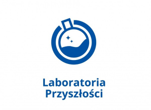 Logo Laboratoria Przyszłości przedstawia buteleczkę wypełnioną cieczą.