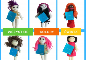 Kolaż, na którym są szmaciane laleczki wykonane przez uczniów Szkoły Podstawowej nr 12. Laleczki mają włosy wykonane z włóczek, oczy z guzików lub pomalowane pisakami. Każda laleczka ma uszyte przez uczniów ubranko oraz przywieszoną na sznureczku niebieską karteczkę „akt urodzenia” laleczki. Wszystkie Kolory Świata