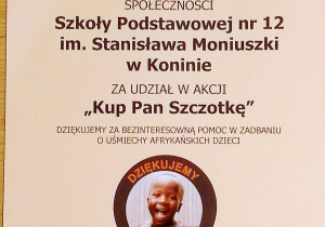 Zdjęcie listu z podziękowaniami skierowanymi do Szkoły nr 12 w Koninie od Fundacji Pomocy Humanitarnej Redemptoris Missio