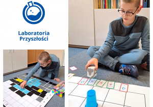 Logo Laboratoria Przyszłości w lewym rogu. Pod logo jest zdjęcie ucznia, który układa karty na macie do kodowania. Po prawej stronie uczeń przykłada robota do kart z kodami.