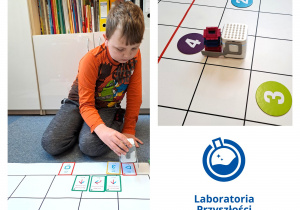 Po lewej stronie uczeń przykłada robota do kart z kodami. W prawym górnym rogu robot przesuwa klocki do krążka z numerem 4. W prawym dolnym rogu logo Laboratoria Przyszłości - naczynie z cieczą.