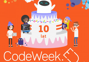 CodeWeek 8-23 października 2022. Rysunek tortu z napisem 10 lat. Obok tortu stoją dzieci. Na torcie stoi robot.
