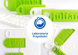 Logo Laboratoria Przyszłości, niebieska butelka z wodą. Wydrukowane breloczki na drukarce 3D. Na breloczkach imiona dzieci: Julian, Maja, Maksymilian