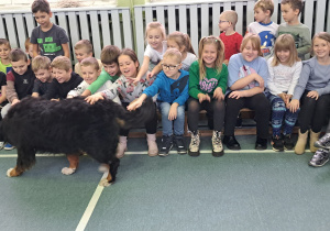 Dzieci siedzą na ławce w sali gimnastycznej. Przed nimi spaceruje duży czarny pies. Dzieci go głaszczą.