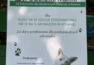 Dyplom z tekstem „Podziękowanie dla klasy 5a w szkole Podstawowej nr 12 im. S. Moniuszki w Koninie za dary przekazane dla podopiecznych schroniska”