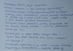 List z podziękowaniami za organizację Dni Afryki