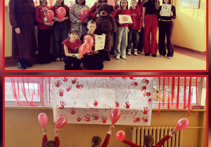 Uczniowie z hasłami przeciwko przemocy wobec dzieci. Jedno z haseł kampanii - dziewczynki z czerwonymi balonami na znak solidarności.