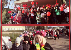 Uczniowie i nauczyciele z hasłami przeciwko przemocy, ubrani w kolorze czerwonym przed budynkiem szkoły.