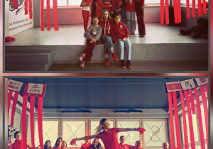 Działania na szkolnej scenie - taniec, plakaty i hasła przeciwko przemocy wobec dzieci. Wszystko z akcentem koloru czerwonego.