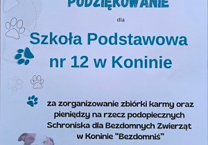 Podziękowanie za zorganizowanie zbiórki dla schroniska